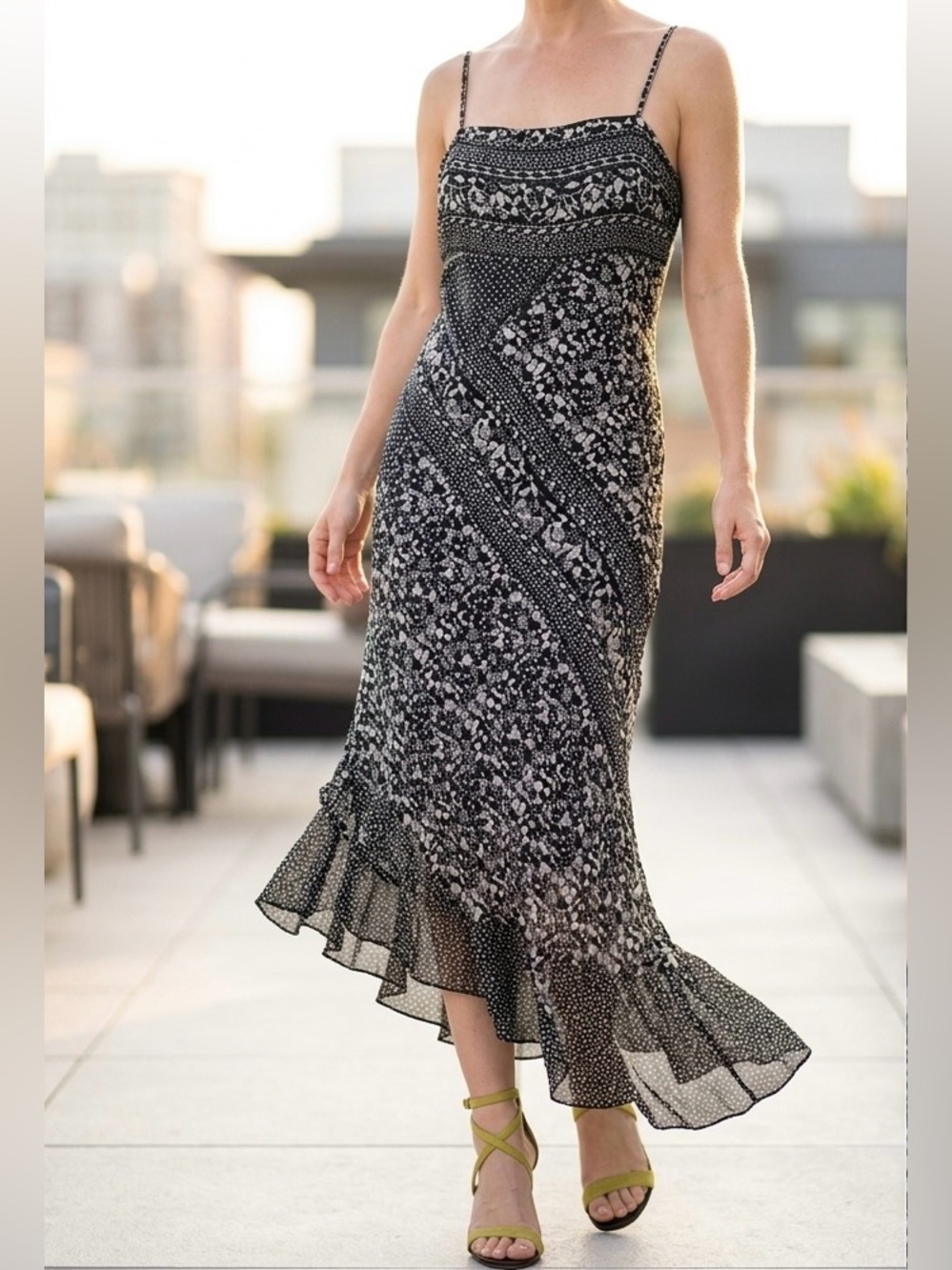 White House Black Market Silk Beaded Dress 4 Asymmetrical Hem Feminine Goth
